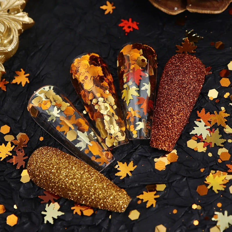 6pcs/Set Autumn Nail Art Set, Yellow Maple Glitter Sequins, Shiny Autumn Leaves Paillettes, Winter Furry Sugar Powder, No Fragrance, Nail Deco Accessories for Hand & Foot Care